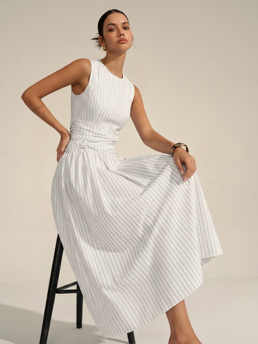 COMMENSE Cotton Blend Striped Ruched Sleeveless Maxi Dress